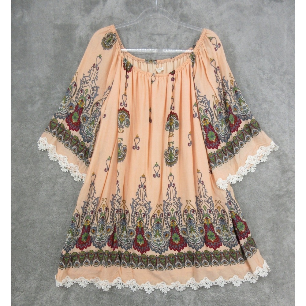 Easel Dress Womens Large Paisley Lace Trim Bell Sleeve Boho Relaxed Boxy Indie